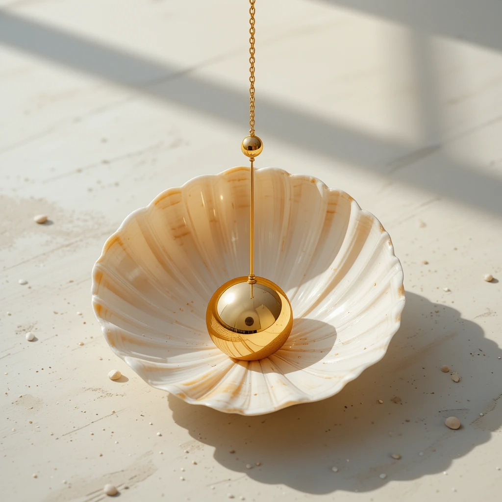 Pendule doré dans un coquillage baigné de lumière